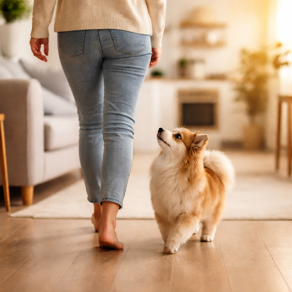 Perro siguiendo a su dueña por casa mostrando apego y atención constante