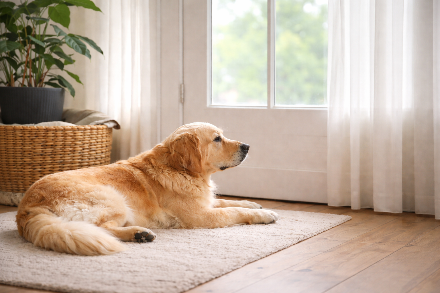 Perro tranquilo mirando hacia la puerta tras la salida de casa de su tutor