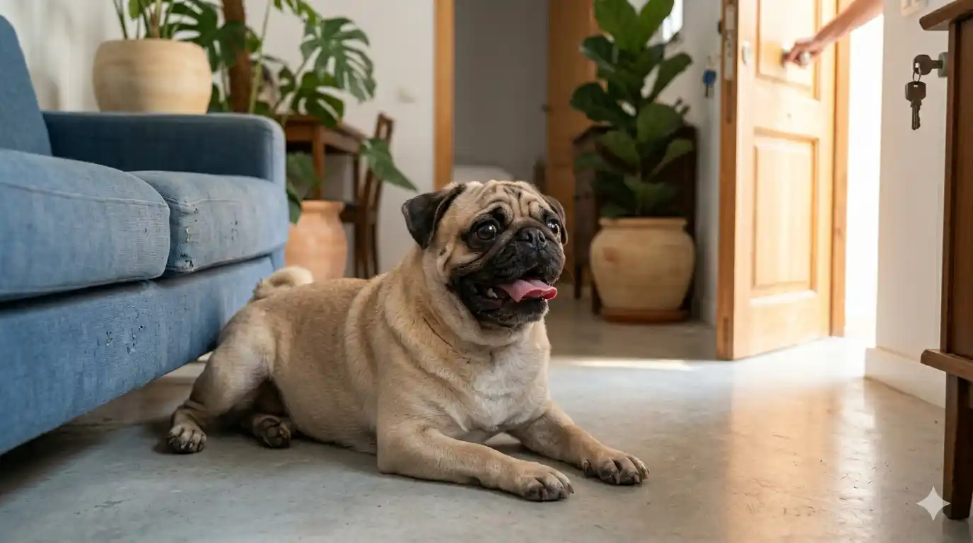 Perro de raza carlino jadeando con estrés mientras su dueño sale de casa, ilustrando la ansiedad anticipatoria.