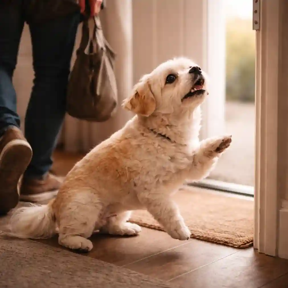 Perro nervioso junto a la puerta mientras su dueño se va de casa mostrando inquietud