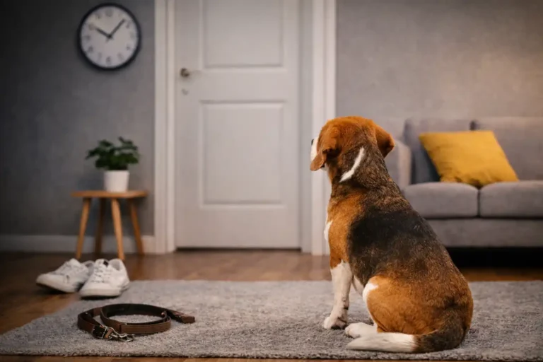 perro mirando la puerta mientras se queda solo en casa