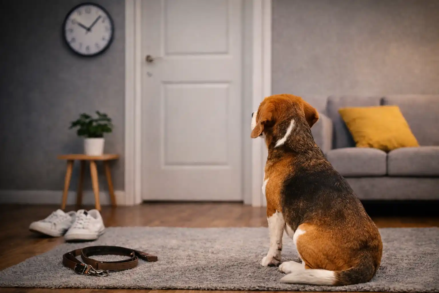 perro mirando la puerta mientras se queda solo en casa